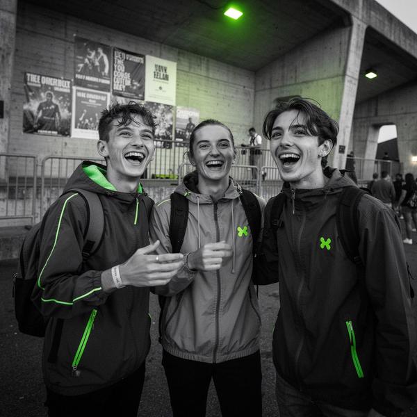 Three young festival goers laughing outside an open-air venue at dusk